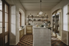 Tin white 6"x3" tiles set as Flemish Bond complete with curved external and internal corners and curved skirting to floor. Bespoke design and make by Artichoke Ltd. Photography: Christopher Horwood