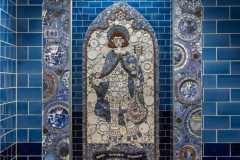 Dark blue mid blue 6x3" tiles. Design and mosaics by Ann Schwegmann Fielding